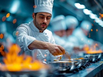 Chefs in a commercial kitchen at work, AI generated