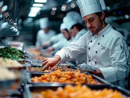 Chefs in a commercial kitchen at work, AI generated