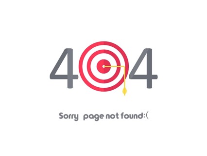 Error message with a target graphic and '404, Sorry page not found' text
