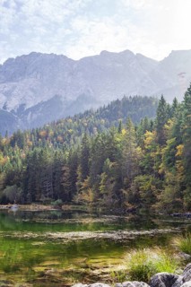 Zugspitze massif and Zugspitze with Eibsee lake, Wetterstein mountains, Grainau, Werdenfelser Land,