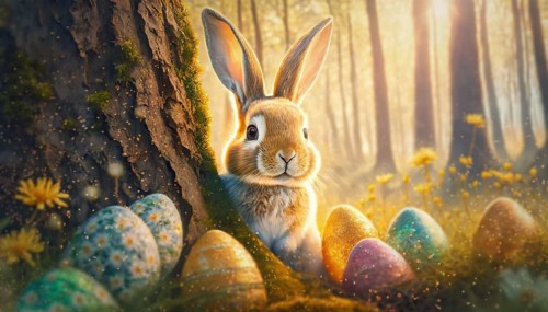 Cute rabbit character hiding behind a tree stem in the woods with Easter eggs among blooming