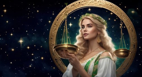 Young Libra woman with blond hair and blue eyes against the background of the starry sky.