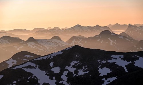 Mountain panorama, mountain peaks in soft light at sunset, view from the summit of Skala, Loen,