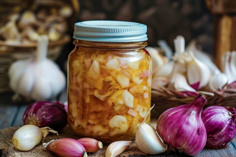 A rustic image of a jar of fermented shallots and garlic surrounded by fresh garlic cloves and
