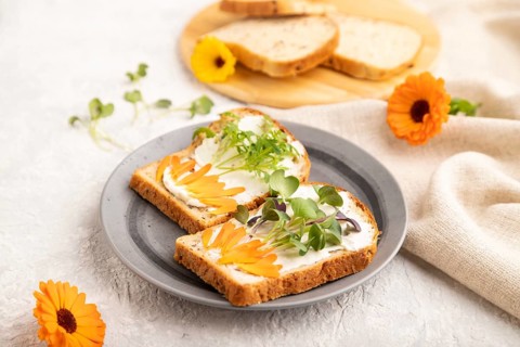 White bread sandwiches with cream cheese, calendula petals and microgreen radish and tagetes on