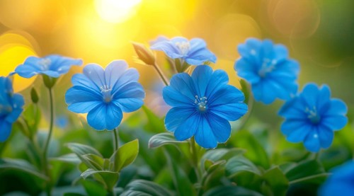 Vibrant Ceratostigma willmottianum Forest Blue flowers with green leaves and a lively bokeh effect