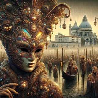 A copper-toned steampunk Venetian mask with a foggy canal scene, cathedral and landmarks in the