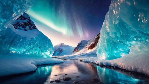 Glacial river flowing through the ice cliffs covered with snow underneath the wonderful northern