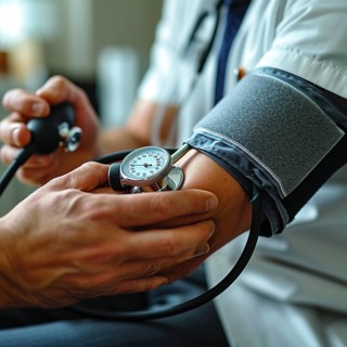 A man checks his blood pressure with a measuring device. Avoidance of bulk hypertension, scarcity,