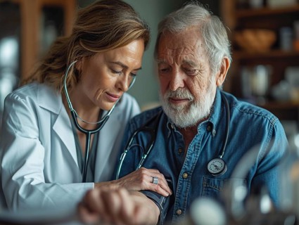 A man checks his blood pressure with a measuring device. Avoidance of bulk hypertension, scarcity,