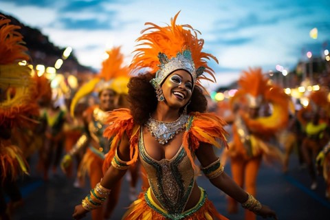 Captivating image capturing the essence of the Rio Carnival, showcasing a dancer adorned in an