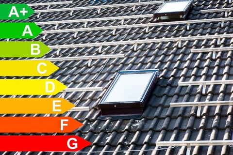 Mounted brackets for solar panels on the roof of a house, graphic with energy efficiency classes