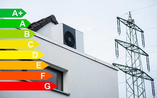 Heat pump on the roof of a detached house, graphic with energy efficiency classes for buildings