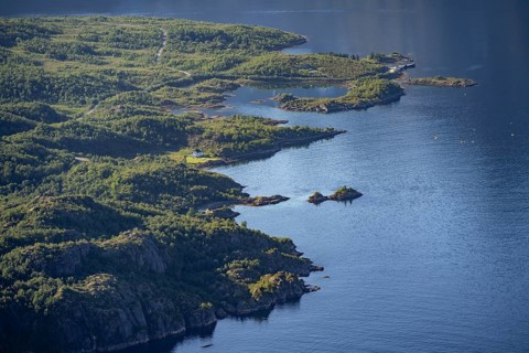Coast with small house, Raftsund fjord, view from the top of Dronningsvarden or Stortinden,