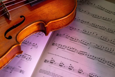 Detailed view of a violin with scroll and pegbox in front of sheet music, studio photograph,