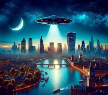 An alien UFO, a flying saucer, flies over the skyline of a metropolis on planet Earth, AI