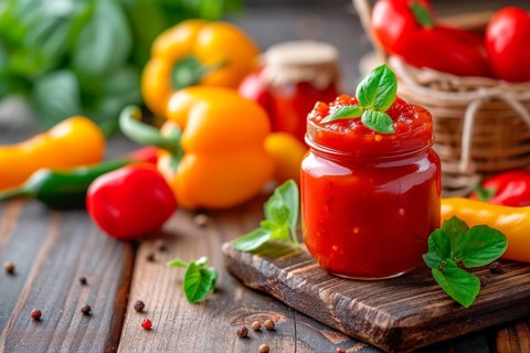 A jar of paprika jam surrounded by fresh vegetables and spices on a wooden table, AI generated, AI