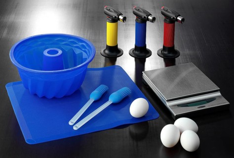 Food, various baking utensils, kitchen scales, eggs