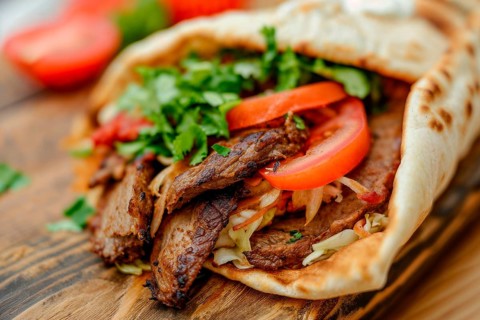 An appetising doner kebab in flatbread with tomatoes, coleslaw and parsley, served on a wooden