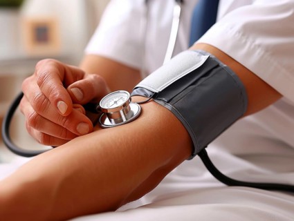 A man checks his blood pressure with a measuring device. Avoidance of bulk hypertension, scarcity,