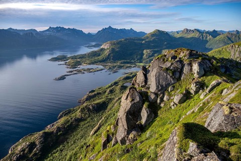 Fjord Raftsund and mountains, view from the top of Dronningsvarden or Stortinden, Vesteralen,