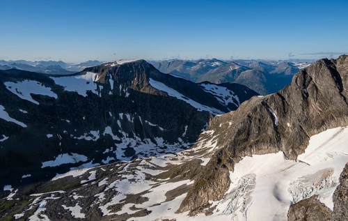 Mountain panorama, glacier remains of Skalabreen, view from the summit of Skala, Loen, Norway,