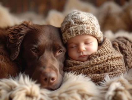 A newborn baby nestled in warm blankets, small dog next to it, ai generated, AI generated
