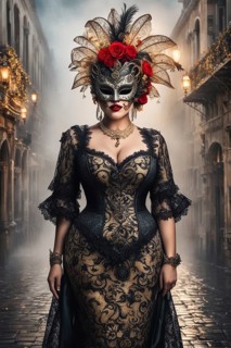 Portrait vibrant curvy woman wear carnival mask, antique lace costume in misty venetian cityscape