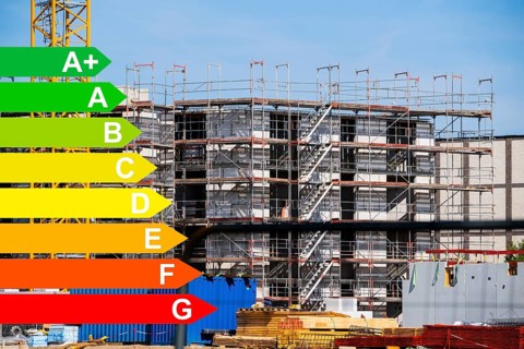 New development area of a residential neighbourhood, graphic with energy efficiency classes for