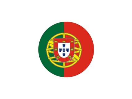 Circular design inspired by the flag of Portugal with green and red sections and coat of arms