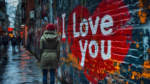 I Love You with white characters was painted on a red heart with blue background on a blue house