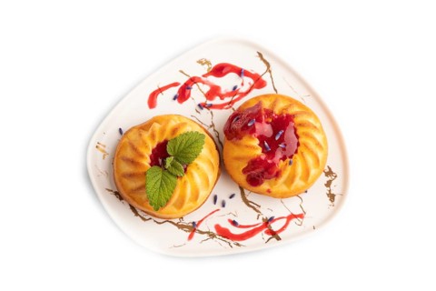 Semolina cheesecake with strawberry jam, lavender isolated on white background. top view, flat lay,