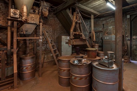 Bronze powder production room with filling plant in a metal powder mill, founded around 1900,