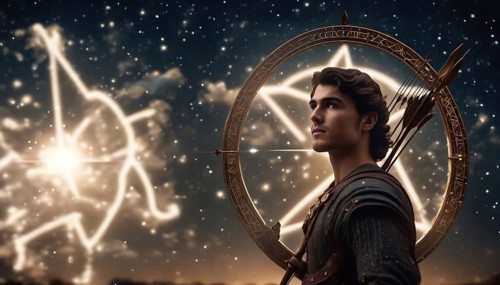 Young man Sagittarius according to the zodiac sign with a bow in his hands with dark hair and green
