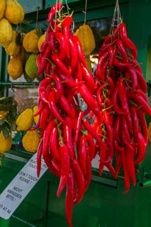 Stall with chilli peppers and lemon citrus (Citrus medica), Cedrat, Lake Garda, Sirmione, Province