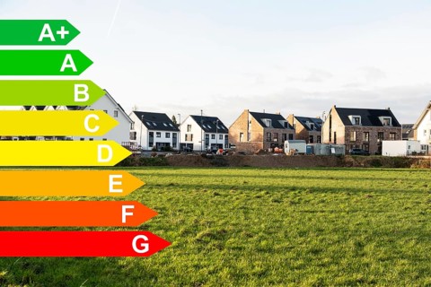 New development area, graphic with energy efficiency classes for buildings according to the GEG,