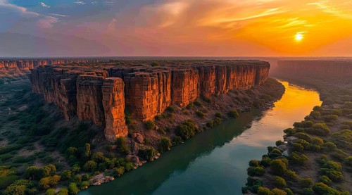 Sunset over Gandikota fort on the banks of the Penner river river with cliffs in Kadapa district,