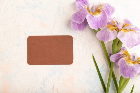Brown business card with lilac iris flowers on white concrete background. top view, flat lay, copy