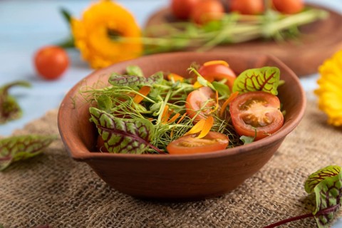 Vegetarian vegetables salad of tomatoes, marigold petals, microgreen sprouts on blue wooden