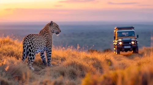Leopard (Panthera pardus) in natural environment with Jeep, Landrover, AI generated