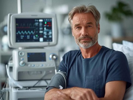 A man checks his blood pressure with a measuring device. Avoidance of bulk hypertension, scarcity,