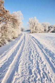 Snow-covered path in a winter landscape near Polling an der Ammer. Polling, Paffenwinkel, Upper