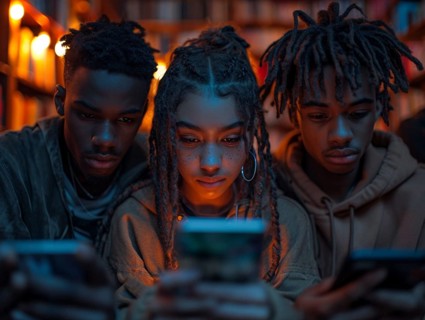 Several young people look bored at their cell phones, neglect social contacts, sport, reading, AI