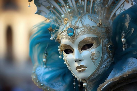 A person adorned in an elaborate and elegant costume, capturing the essence of the Venice Carnival