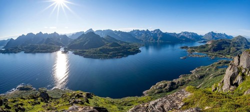 View of the fjord Ulvagsundet and Raftsund and mountains, view from the top of Dronningsvarden or