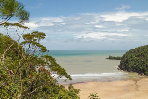 Bako national park, sea sandy beach, sunny day, blue sky and sea. Vacation, travel, tropics