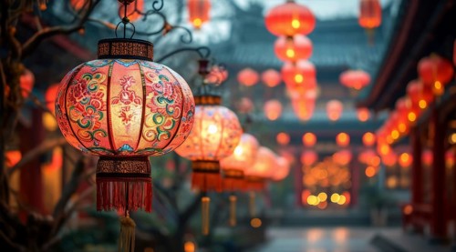 Illuminated traditional Chinese lanterns with calligraphy, hanging in a historic setting, AI