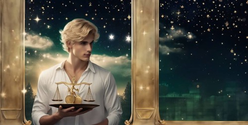 Young man Libra by zodiac sign with scales in his hands with blond hair and green eyes against the