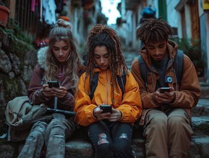 Several young people look bored at their cell phones, neglect social contacts, sport, reading, AI