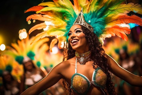 Captivating image capturing the essence of the Rio Carnival, showcasing a dancer adorned in an